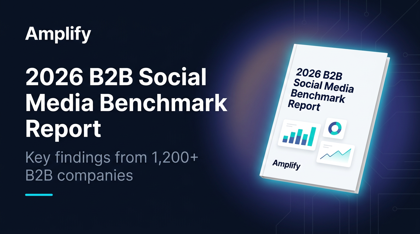 Amplify report promo — benchmark report cover mockup with cyan glow on dark navy