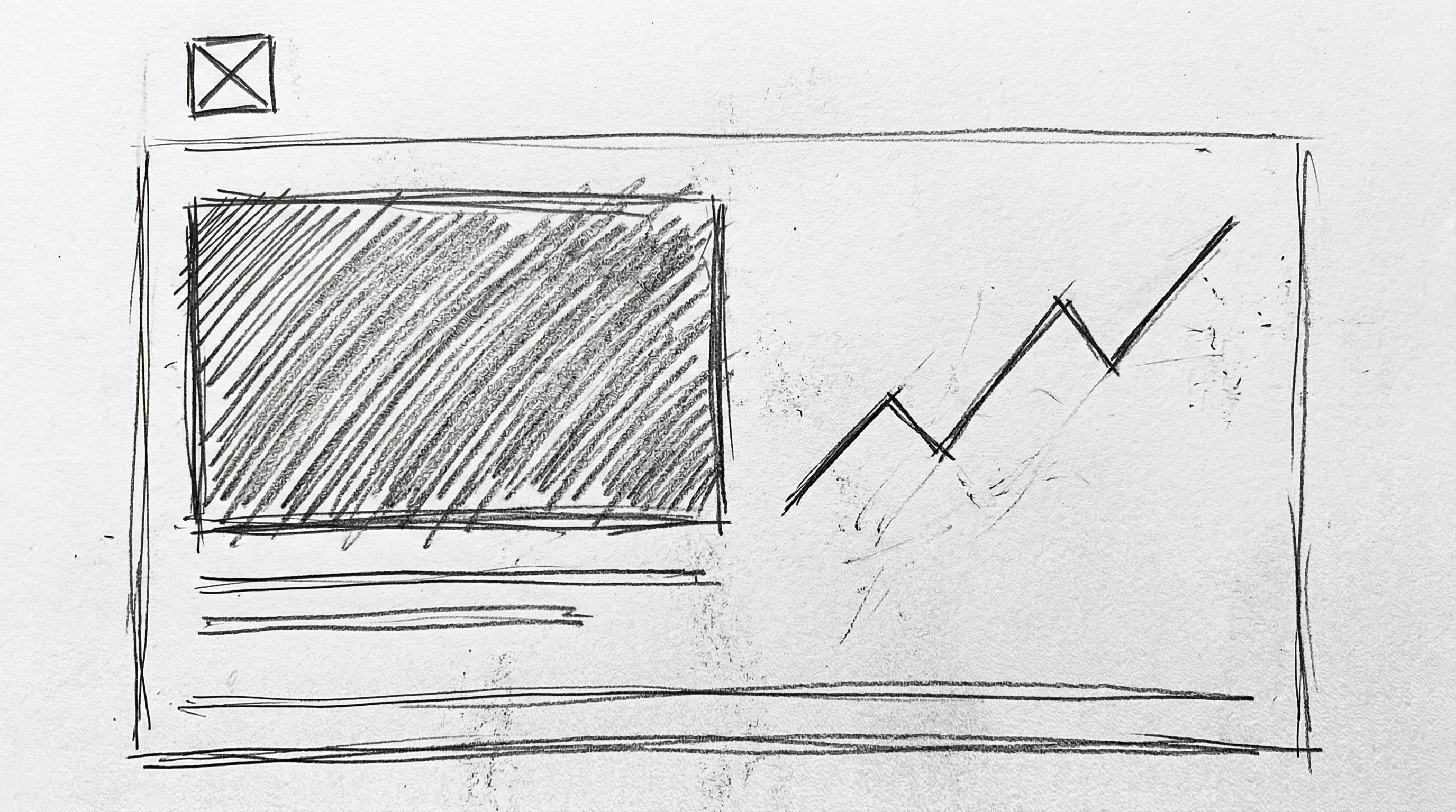 Rough pencil wireframe sketch of a milestone card — large number on left, trend chart on right, context text below