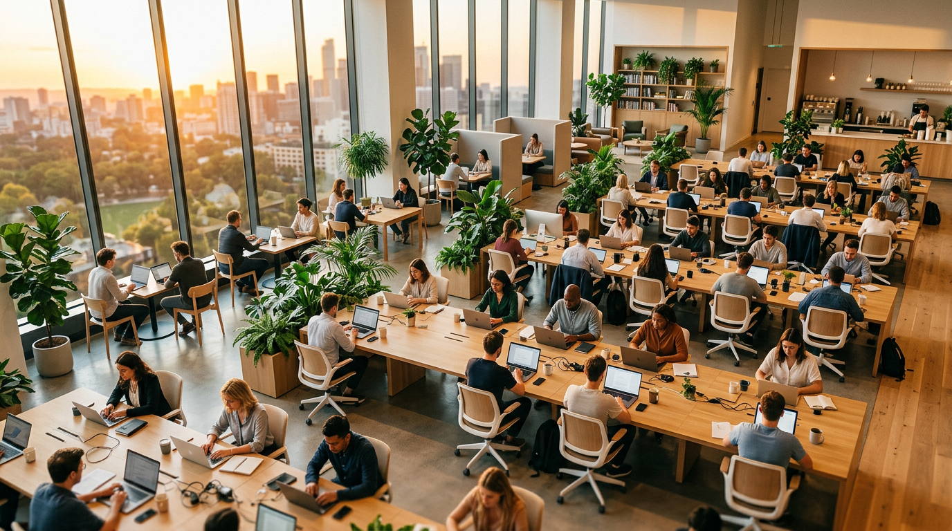 Aerial co-working space with warm golden light