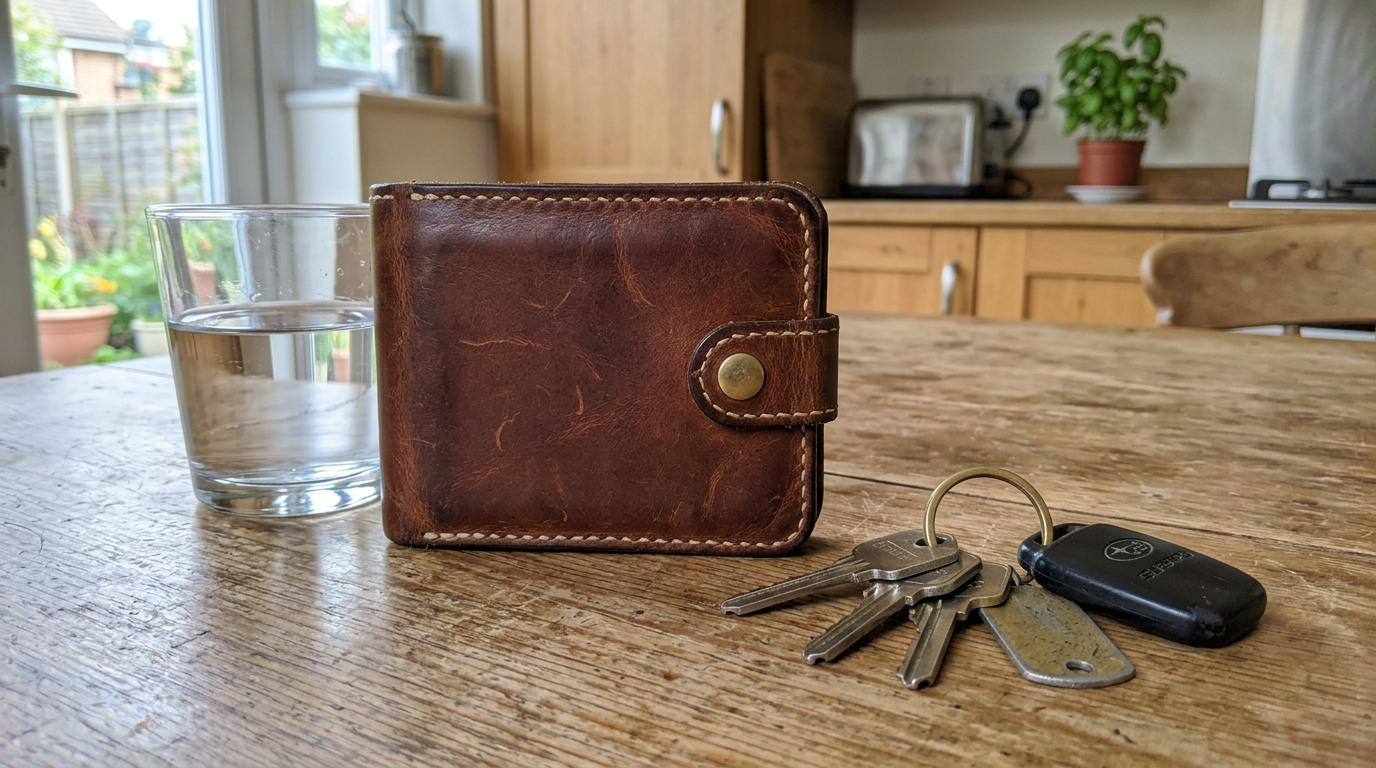 Phone photo of a wallet on a kitchen table