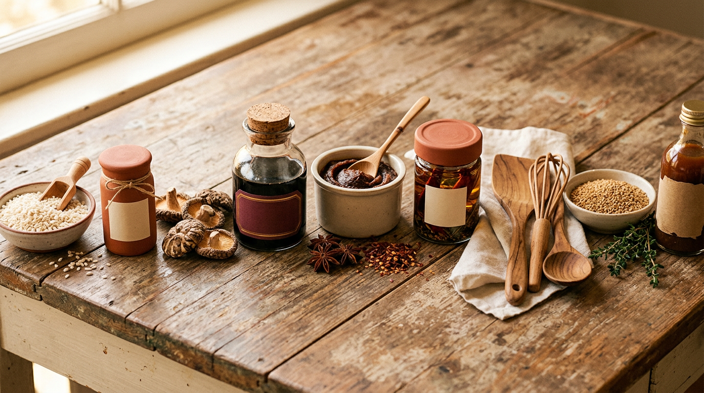 Koji email banner — horizontal arrangement of jars, spices, and utensils spread across a wide format