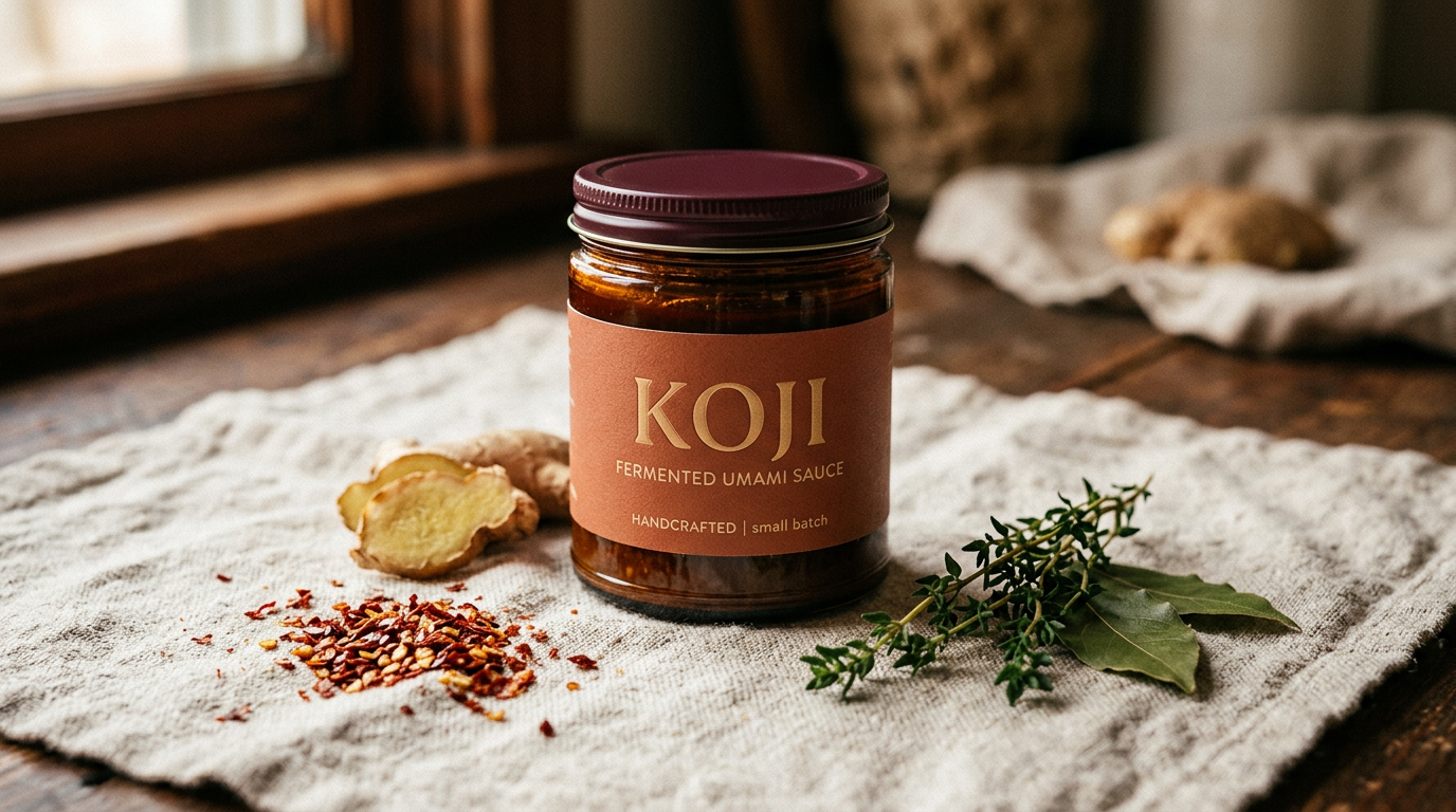 Koji Instagram post — single sauce jar with ingredients on linen, warm moody lighting, square format