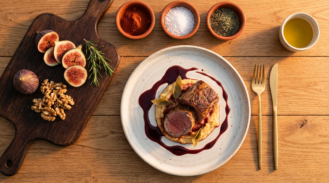 Food scene generated from simple sketch — plate with seared meat and sauce, cutting board with figs, spice bowls, on wooden table in Koji brand tones