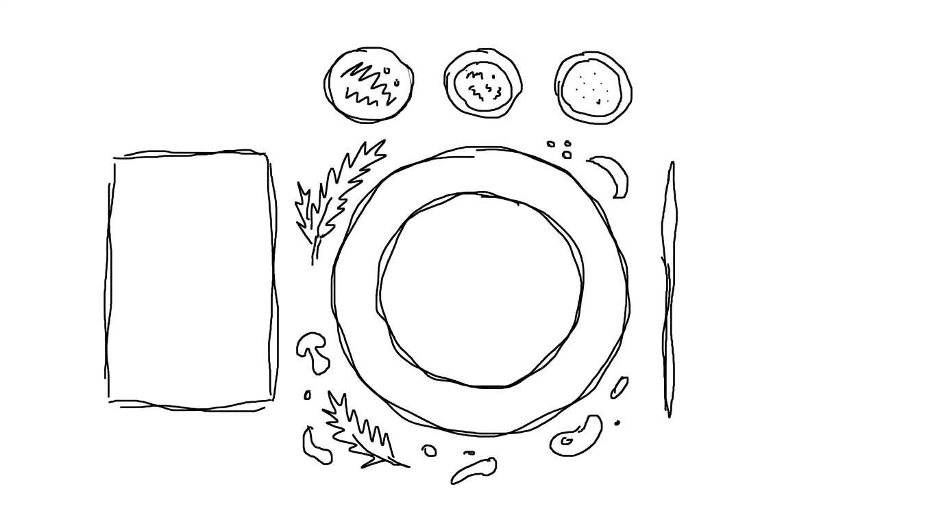 Simple mouse-drawn sketch on a digital canvas — basic circles and rectangles representing a food flat-lay