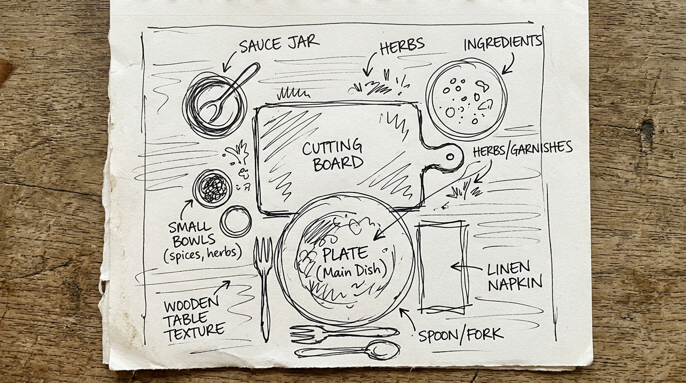 Hand-drawn sketch of a food photography layout — jars, cutting board, bowls, and herbs arranged on a table