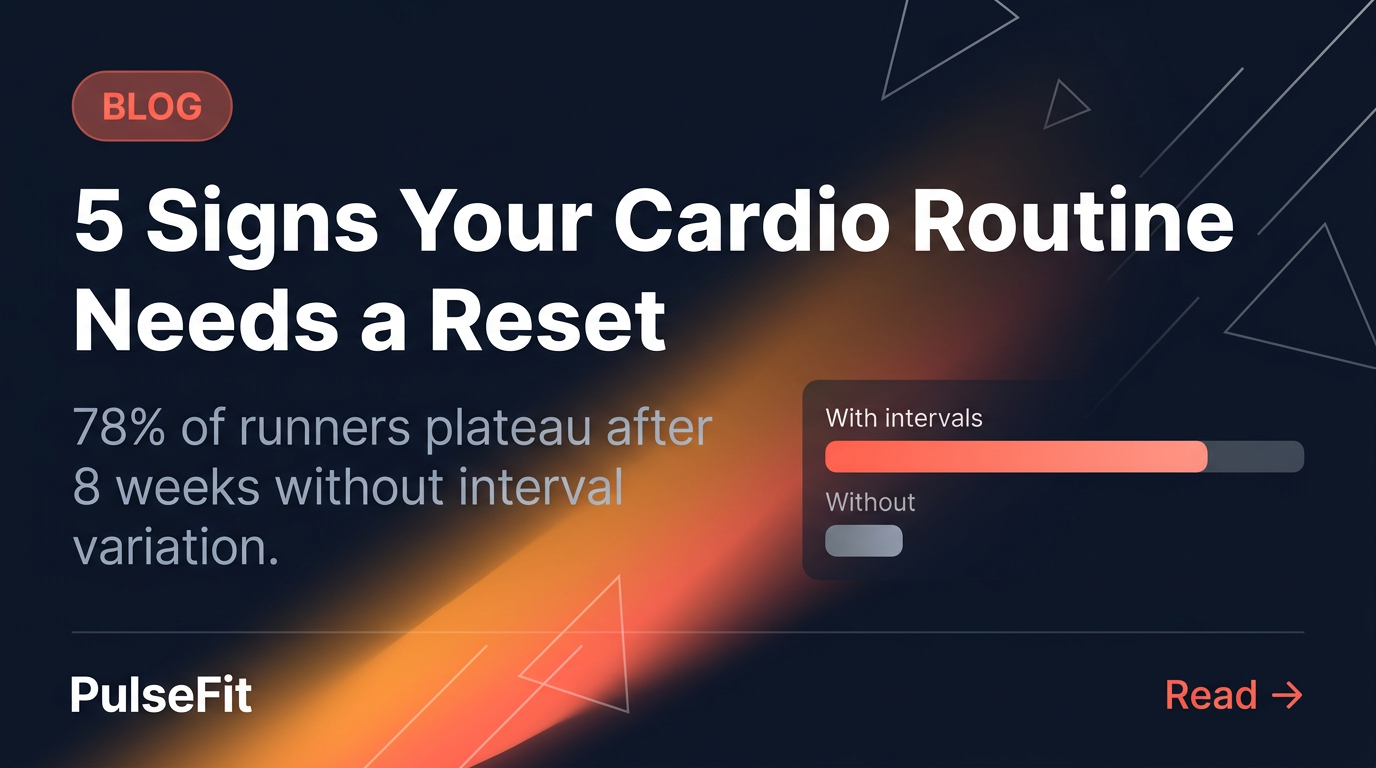 PulseFit blog promo — article title with interval comparison bar chart, warm amber gradient