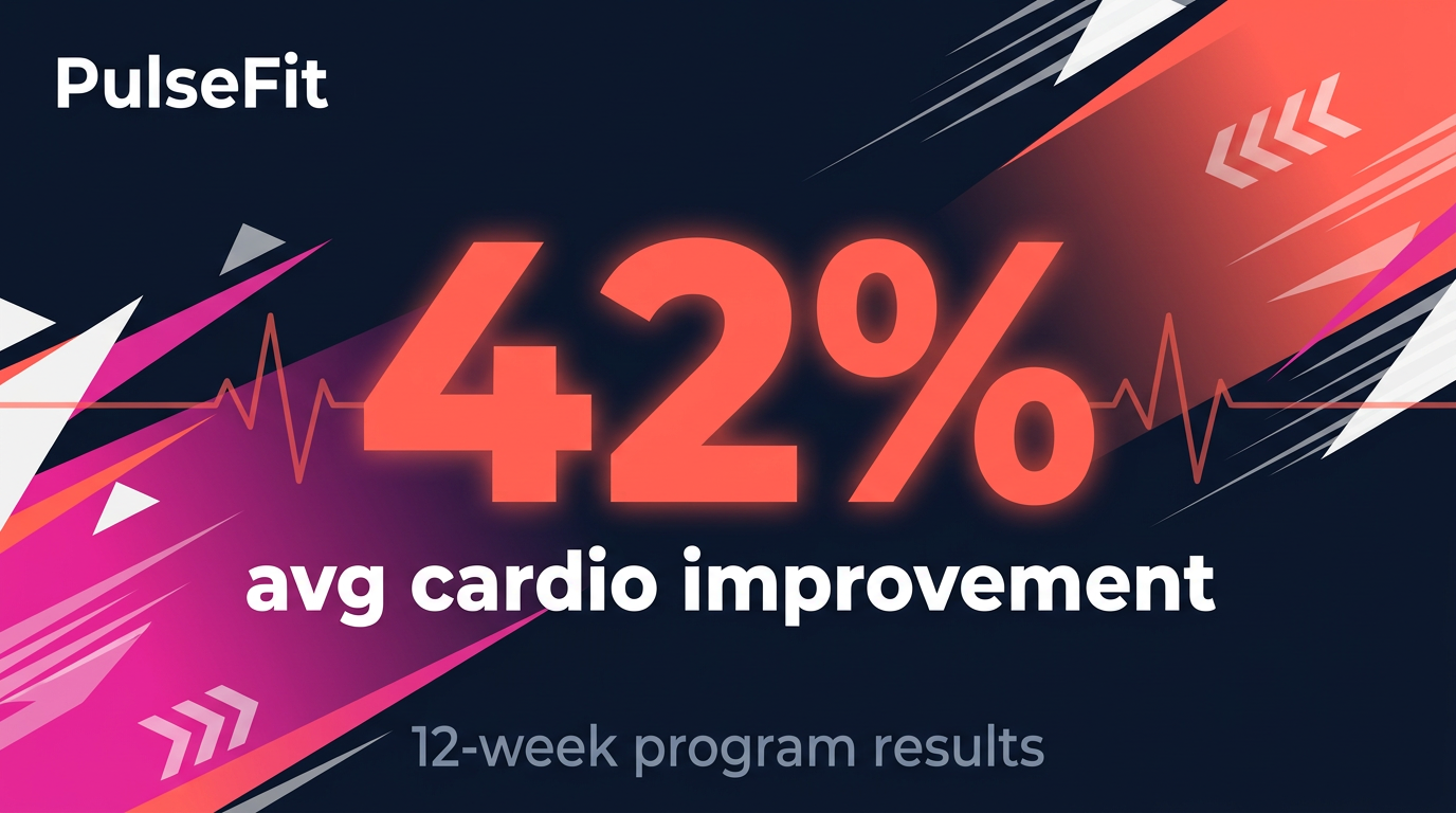 PulseFit stat card — 42% avg cardio improvement with kinetic diagonal gradients, speed lines, and heartbeat pulse