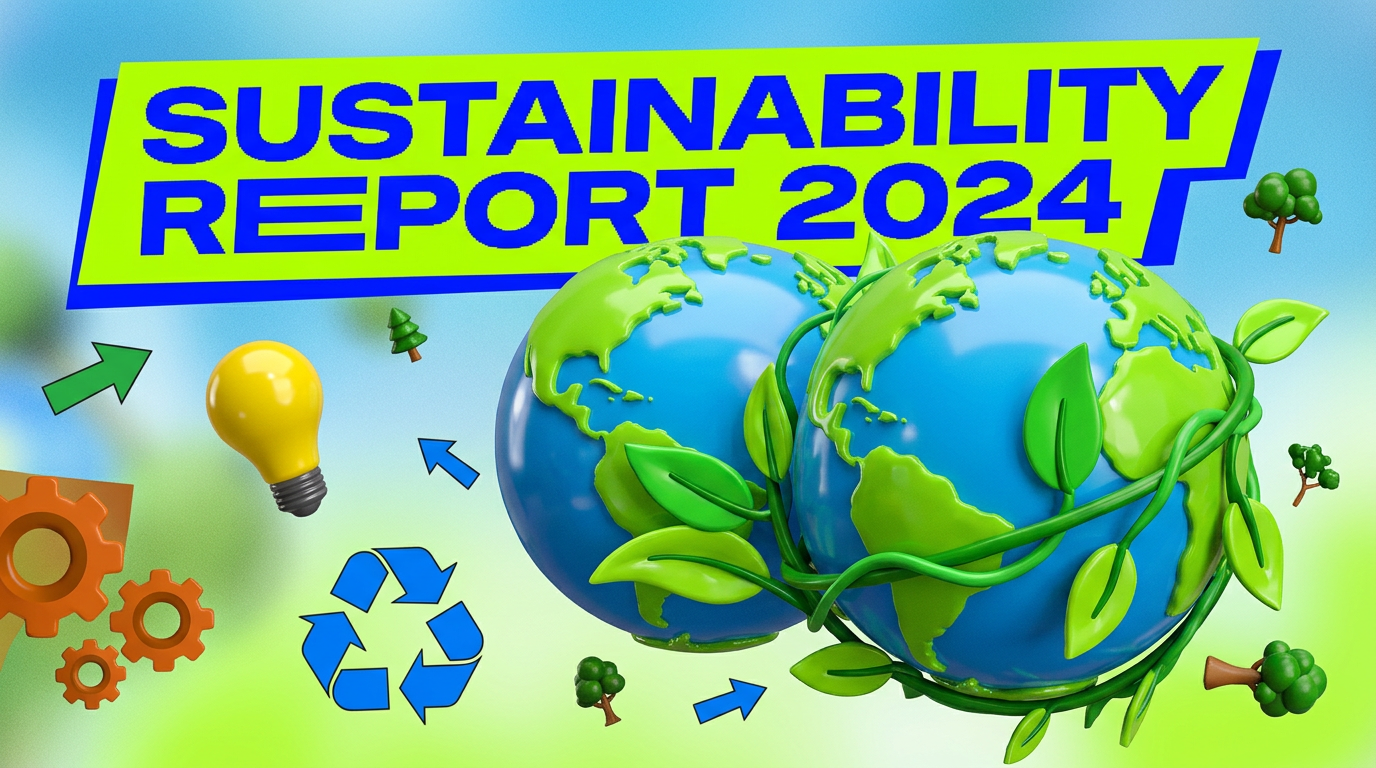 Generic AI sustainability image — glossy 3D globe, neon greens, clip art, chaotic composition